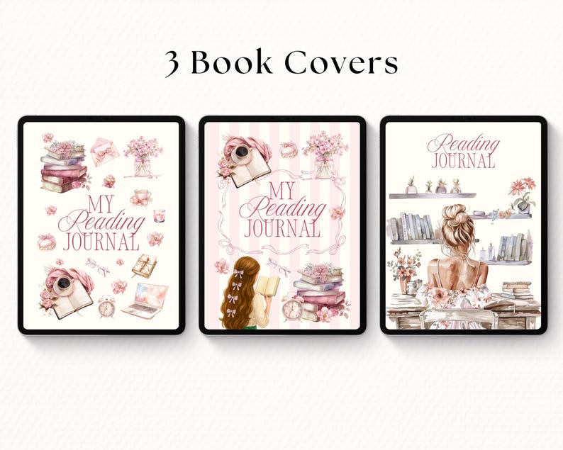 Puede incluir: Tres portadas de libros digitales con tem&aacute;tica de lectura. Cada portada presenta ilustraciones de acuarela de libros, flores y elementos decorativos. El texto "My Reading Journal" y "Reading Journal" se muestra.