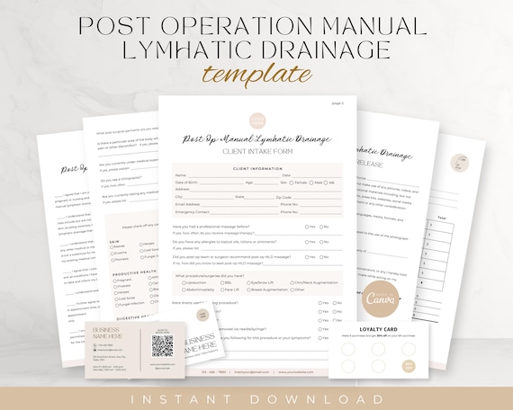 Editable Post Operation Manual Lymphatic Drainage Massage Intake Form, Massage Therapy Client Intake Form, Health Screening Template, MLD