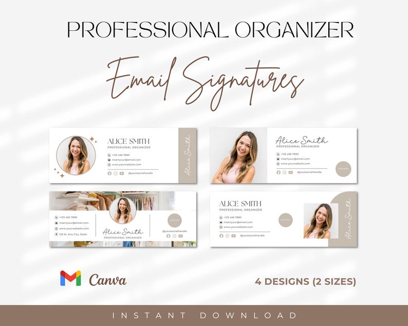 Op de afbeelding: Vier verschillende e-mailhandtekeningen voor een professionele organisator. Elk ontwerp bevat een foto van een persoon, hun naam, titel en contactgegevens. De ontwerpen zijn in twee maten.