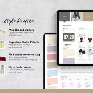 May include: Two tablets showing a "Style Profile" interface. The interface includes sections for a moodboard gallery, signature colour palette, fit and measurements log, and style preferences. The text "Style Profile" is at the top.