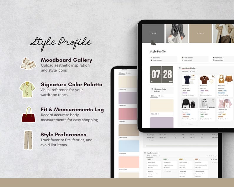 May include: Two tablets showing a "Style Profile" interface. The interface includes sections for a moodboard gallery, signature colour palette, fit and measurements log, and style preferences. The text "Style Profile" is at the top.