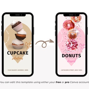 May include: Two phone screens showing mockups for a bakery. The left screen shows a stack of cupcakes with the text "CUPCAKE selections" and "NOW SHOP NO Order Now". The right screen shows a pink heart with donuts falling from the top and the text "DONUTS dessert" and "NOW SHOP NO Order Now".