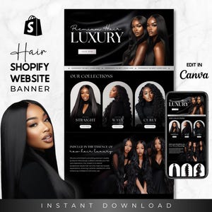 Black Version Hair Shopify Website Banner Template, Hair Banner Design Template, Shopify Luxury Hair Design, Premade Shopify Banner, Canva