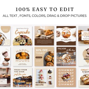 May include: A collection of 12 Instagram post templates for a bakery. The templates feature various pastries, including cupcakes, croissants, cookies, and cakes. The templates are designed in a light brown and beige color scheme with text overlays that include phrases like "Happy Hours", "Fresh from the Oven", "30% Off Today", and "Giveaway".