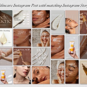 Op de afbeelding: Een collage van Instagram-berichten en -verhalen over huidverzorging. De berichten bevatten afbeeldingen van gezichten, huidverzorgingsproducten en tekst over huidverzorgingsthema's zoals lichaamsacne, dubbel reinigen, salicylzuur, zonnebrandtips en de effecten van licht op je lippen.