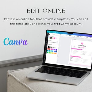 May include: A laptop computer displaying a Canva design template for a puppy sale event. The template features a pink heart with the text "Puppy Sale" and a pink and purple heart with the text "Event".