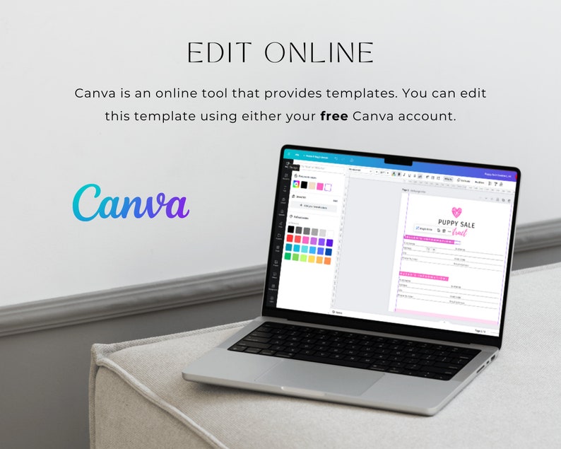 May include: A laptop computer displaying a Canva design template for a puppy sale event. The template features a pink heart with the text "Puppy Sale" and a pink and purple heart with the text "Event".