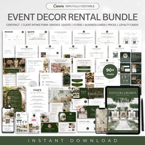 Op de afbeelding: Een digitaal downloadpakket met meer dan 90 afdrukbare pagina's voor het huren van eventdecoratie. Het pakket bevat sjablonen voor contracten, klantintakeformulieren, facturen, offertes, flyers, visitekaartjes, prijslijsten en loyaliteitskaarten. De sjablonen zijn uitgevoerd in een groen-wit kleurenschema met bloemen- en groenontwerpen.