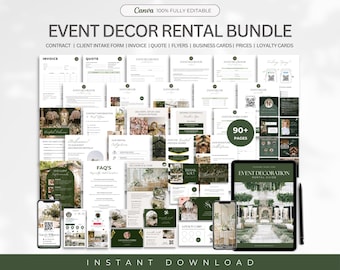 May include: A digital download bundle of 90+ printable pages for event decor rentals. The bundle includes templates for contracts, client intake forms, invoices, quotes, flyers, business cards, price lists, and loyalty cards. The templates feature a green and white color scheme with floral and greenery designs.