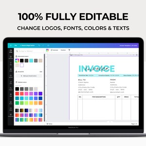 May include: A screenshot of a computer screen displaying software for creating invoices. The program features a colour palette, a text editor, and a preview of an invoice template. The invoice template is a light blue and purple design with the word "Invoice" in a large, stylised font.