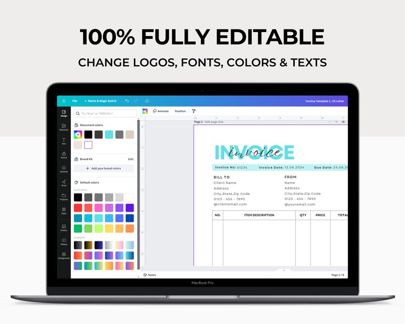 May include: A screenshot of a computer screen displaying software for creating invoices. The program features a colour palette, a text editor, and a preview of an invoice template. The invoice template is a light blue and purple design with the word "Invoice" in a large, stylised font.