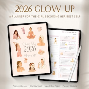 Glow Up Planner 2026, Planificateur de soins personnels, Planificateur esthétique, Planificateur de bien-être, Bien-être, Productivité image 1