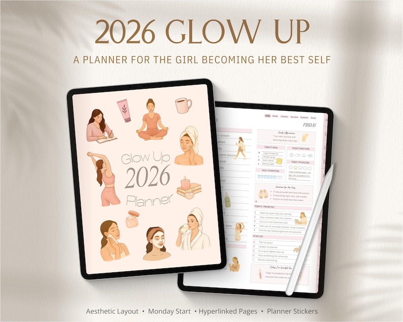 Glow Up Planner 2026, Planificateur de soins personnels, Planificateur esthétique, Planificateur de bien-être, Bien-être, Productivité image 1