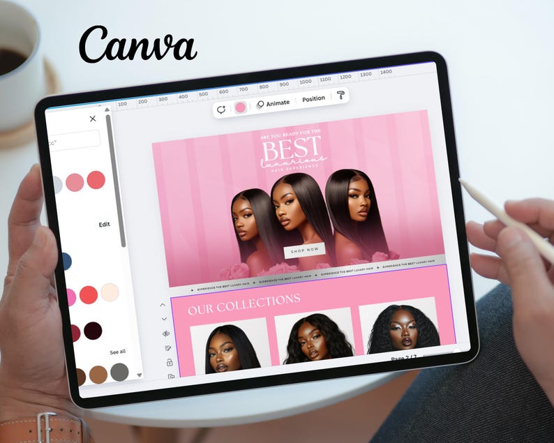 May include: A digital tablet displaying a Canva design interface. The screen shows a pink and white advertisement for hair extensions, with the text "BEST LUXURIOUS HAIR." The tablet is being used with a stylus. The word "Canva" is written at the top.