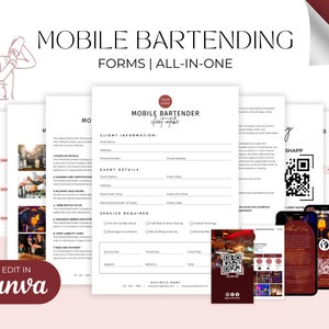 May include: A collection of mobile bartending forms, all-in-one, with a clean, modern design. The forms include client information, event details, and service requirements. The image also features a QR code and a phone screen with a business page.
