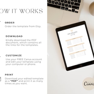 May include: A digital illustration of a dog walking price list template. The template is on a tablet screen and includes sections for services, prices, and a client name. The text "DOG WALKING price list" is at the top of the template. The image also includes a laptop, a coffee cup, and a pen.