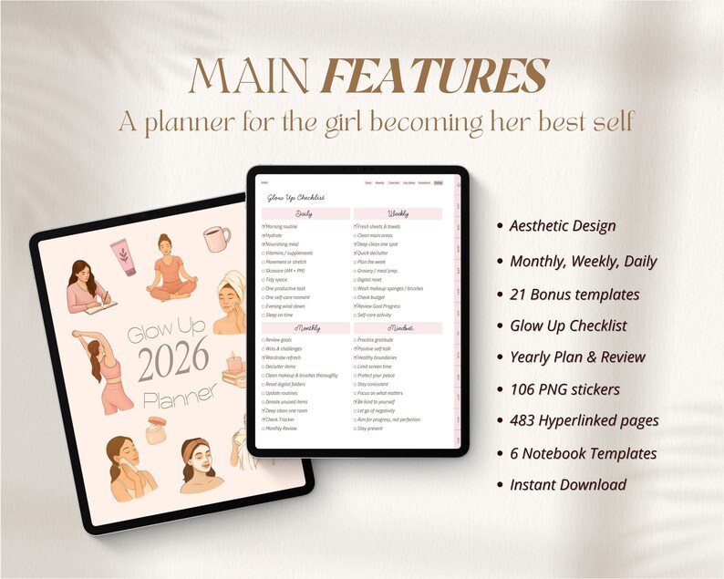 Glow Up Planner 2026, Planificateur de soins personnels, Planificateur esthétique, Planificateur de bien-être, Bien-être, Productivité image 4
