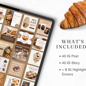 May include: A digital screen displaying a grid of 40 Instagram post and story templates for a bakery. The templates feature images of pastries, cakes, and other baked goods, along with text overlays promoting sales, giveaways, and new products. The text "WHAT'S INCLUDED?" is displayed below the screen, followed by a list of the included content: 40 IG Post, 40 IG Story, and 8 IG Highlight Covers.