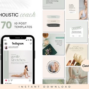 May include: A collection of 70 Instagram post templates for holistic coaches. The templates feature a variety of designs, including quotes, affirmations, and motivational messages. The templates are designed to help coaches connect with their clients and promote their services.