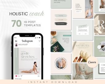 70 plantillas de publicaciones de Instagram de entrenadores holísticos, salud, bienestar, contenido de redes sociales de entrenadores de vida, publicaciones de bienestar editables, Instagram de cuidado personal