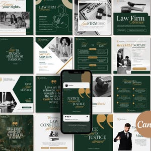 May include: A collection of social media posts with a dark green and gold color scheme, promoting law firm services. The posts include text such as "Know your rights," "Law is reason free from passion," and "Justice is denied." A smartphone displays a post with the quote "Justice is designed is denied."