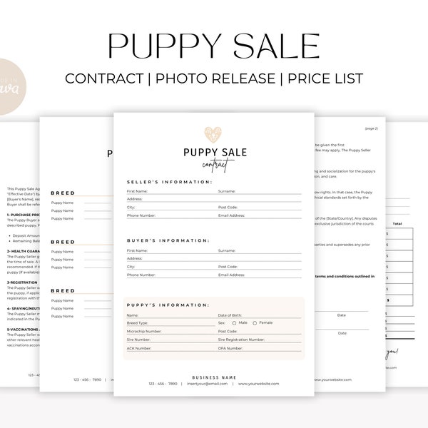 Puppy Sale Contract, Puppy Adoption Agreement Template, Contract of Sale Services, Dog Adoption, Dog Agreement, Canva Editable Template