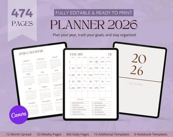 2026 Planner 365 Days Canva Template, Ready to Print PDF Planner, Editable Daily Weekly Monthly Planner