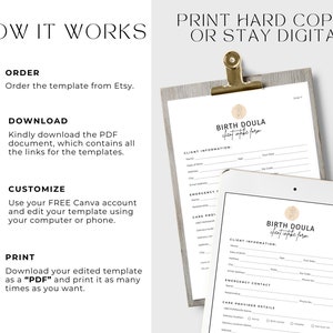May include: A digital birth doula client intake form template displayed on a tablet and a clipboard. The document includes sections for client information, emergency contact, and care provider details, with instructions on how to order, download, customize, and print.