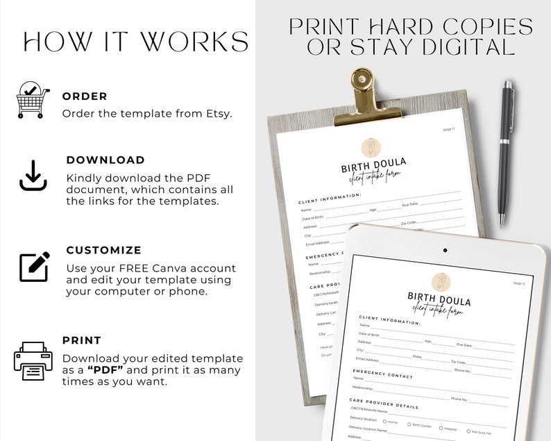 May include: A digital birth doula client intake form template displayed on a tablet and a clipboard. The document includes sections for client information, emergency contact, and care provider details, with instructions on how to order, download, customize, and print.