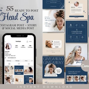 May include: A digital marketing graphic for a head spa service, featuring a smartphone displaying an Instagram profile and various social media posts. The design includes text such as "Head Spa," "Instagram Post + Story," and "Instant Download."