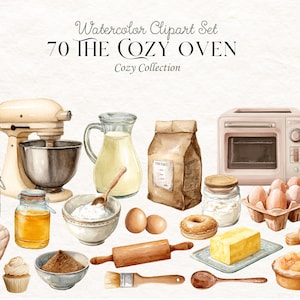 May include: A watercolour clipart set titled 70 THE COZY OVEN featuring kitchen items including a stand mixer, toaster, flour bag, eggs in a carton, rolling pin, butter, jars of ingredients, a bowl with a spoon, a cupcake, and a pastry.