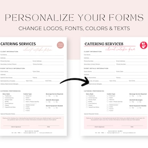 May include: A customizable catering services intake form template with a pink and black color scheme. The form includes sections for client information, event details, catering preferences, and special requests. The text "client intake form" is written in a cursive font.
