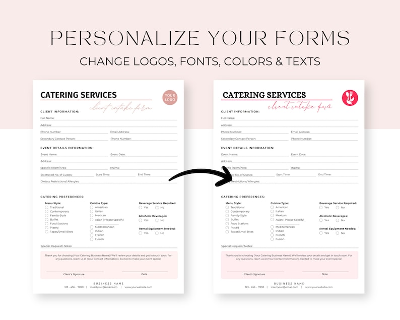 May include: A customizable catering services intake form template with a pink and black color scheme. The form includes sections for client information, event details, catering preferences, and special requests. The text "client intake form" is written in a cursive font.