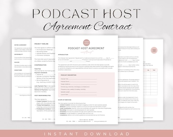 Può includere: Un modello di contratto di accordo di host di podcast stampabile rosa e bianco con il titolo "Podcast Host Agreement" e sezioni per la cronologia del progetto, la descrizione del podcast, l'ambito dei servizi e le firme.