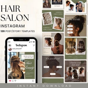 May include: A collection of 120 Instagram post and story templates for hair salons. The templates feature a variety of designs, including photos of women with different hairstyles, text overlays, and graphics. The templates are designed to help hair salons promote their services and connect with their customers on social media.