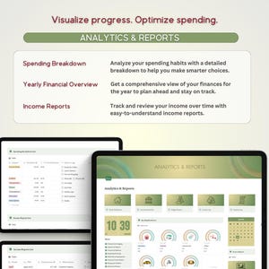May include: A screenshot of a computer screen showing a budgeting app with a green and white color scheme. The app features a section called "Analytics & Reports" with a breakdown of spending, income, and financial overview. The app also includes a calendar view and a section for tracking spending habits.