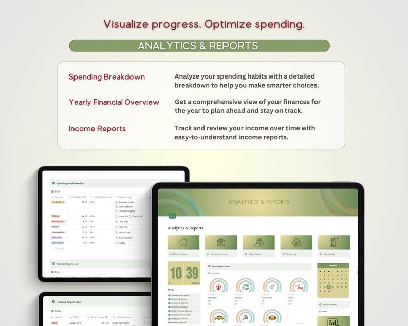 May include: A screenshot of a computer screen showing a budgeting app with a green and white color scheme. The app features a section called "Analytics & Reports" with a breakdown of spending, income, and financial overview. The app also includes a calendar view and a section for tracking spending habits.