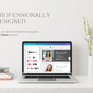 Op de afbeelding: Een laptopcomputer waarop een Canva-ontwerptemplate voor een visitekaartje wordt weergegeven. De sjabloon bevat een foto van een vrouw en de tekst "Alice Smith". De tekst "Professionally Designed" staat boven de laptop.