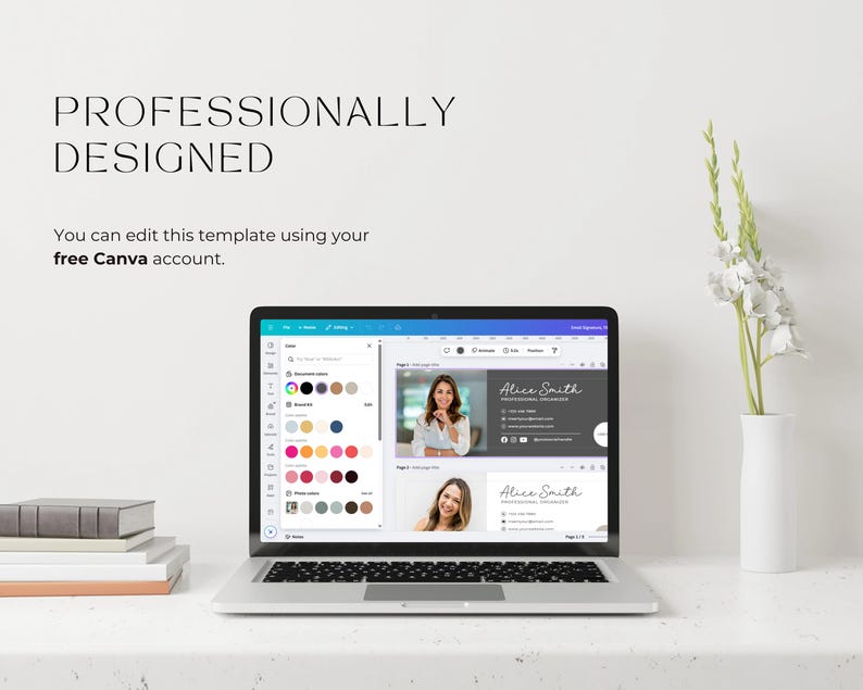 Op de afbeelding: Een laptopcomputer waarop een Canva-ontwerptemplate voor een visitekaartje wordt weergegeven. De sjabloon bevat een foto van een vrouw en de tekst "Alice Smith". De tekst "Professionally Designed" staat boven de laptop.
