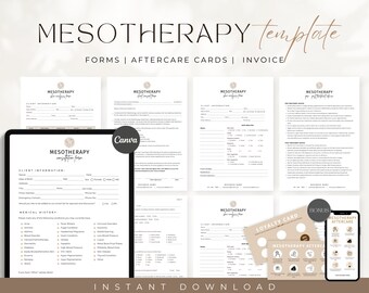 May include: A digital download template for a mesotherapy business. The template includes forms, aftercare cards, and an invoice. The template is designed in a minimalist style with a beige and brown colour scheme. The text "MESOTHERAPY Template" is displayed at the top of the image. The text "FORMS | AFTERCARE CARDS | INVOICE" is displayed below the title. The image also includes a bonus loyalty card and aftercare card.