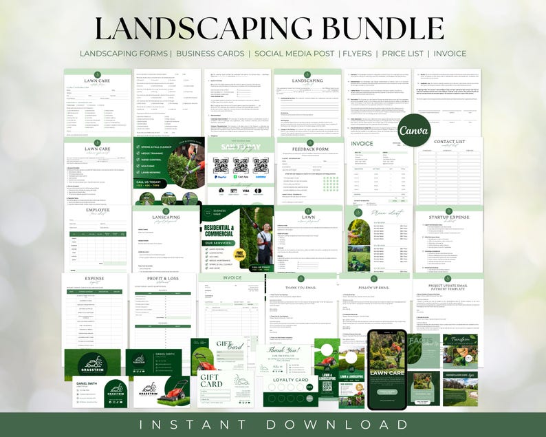 May include: A landscaping bundle featuring various printed forms, business cards, social media posts, flyers, a price list, and an invoice. The documents are white with green accents and text, including headings like Landscaping Bundle, Lawn Care, and Invoice.
