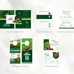 May include: A collection of Grasstrim landscaping marketing materials including business cards measuring 3.5 by 2 inches, loyalty cards, thank you cards, door hangers measuring 3.5 by 8.5 inches, and gift cards measuring 4 by 6 inches, all featuring a red lawnmower.
