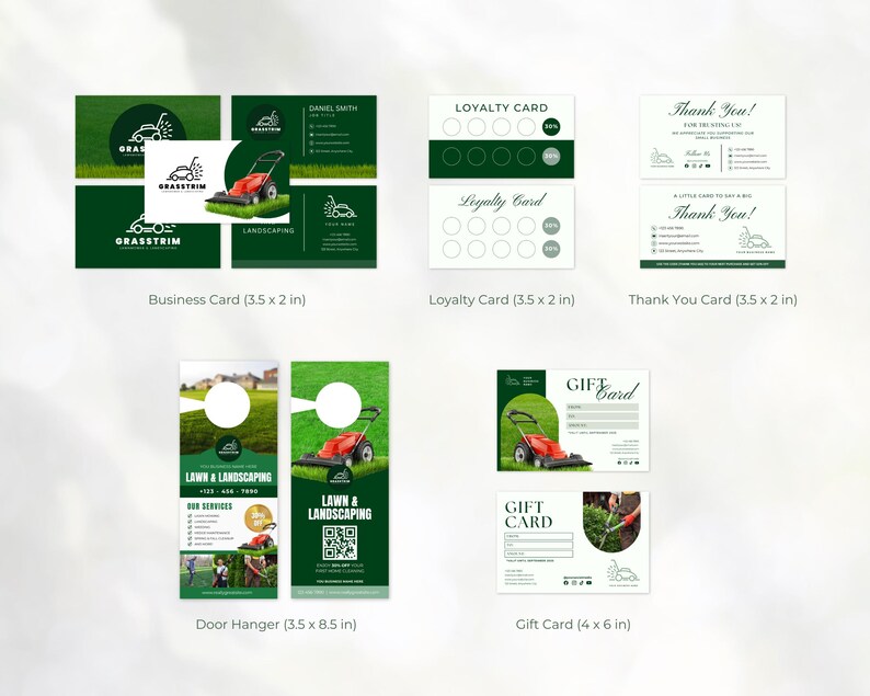May include: A collection of Grasstrim landscaping marketing materials including business cards measuring 3.5 by 2 inches, loyalty cards, thank you cards, door hangers measuring 3.5 by 8.5 inches, and gift cards measuring 4 by 6 inches, all featuring a red lawnmower.