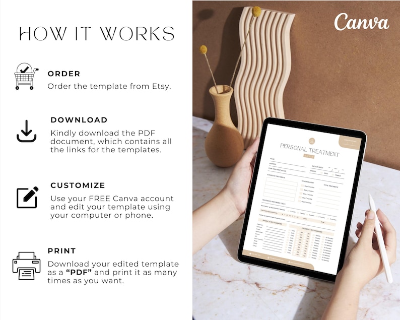 May include: A digital illustration of a how-to guide for customizing a printable template using Canva. The guide includes four steps: order, download, customize, and print. The image also shows a tablet displaying a "Personal Treatment" template.