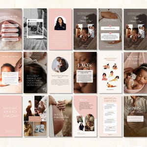 May include: A collection of social media graphics with a soft pink and brown color scheme. The graphics feature text about motherhood, including tips for the first day, postpartum depression, and birth plans. Images include babies and pregnant people.