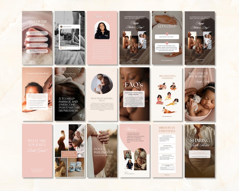 May include: A collection of social media graphics with a soft pink and brown color scheme. The graphics feature text about motherhood, including tips for the first day, postpartum depression, and birth plans. Images include babies and pregnant people.