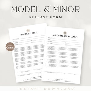 May include: A printable model and minor release form for photographers. The form includes sections for the model's full name, address, email address, phone number, session date, location, and signature. The form also includes a section for the photographer's company name, address, phone number, and email address.