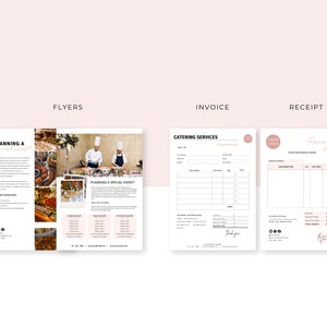 May include: A flyer for a catering company with a pink and white color scheme. The flyer includes images of food and a chef preparing food. The text on the flyer includes the words "Planning a Special Event?" and "Catering Services".