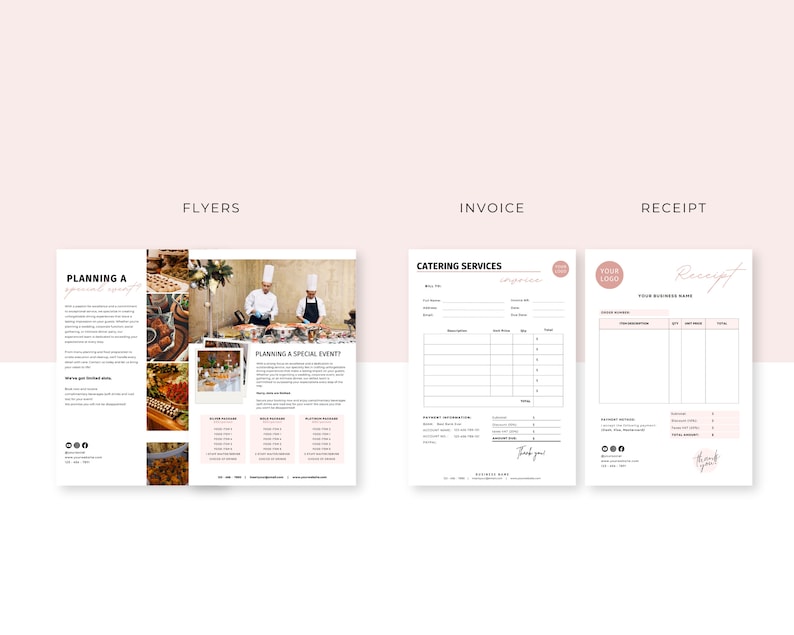 May include: A flyer for a catering company with a pink and white color scheme. The flyer includes images of food and a chef preparing food. The text on the flyer includes the words "Planning a Special Event?" and "Catering Services".