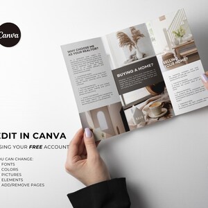 Puede incluir: Un folleto con el logotipo de Canva, con texto sobre la compra y venta de una casa. El folleto est&aacute; en manos de una persona. El texto incluye "Editar en Canva" y opciones para cambiar fuentes, colores, im&aacute;genes, elementos y agregar/eliminar p&aacute;ginas.